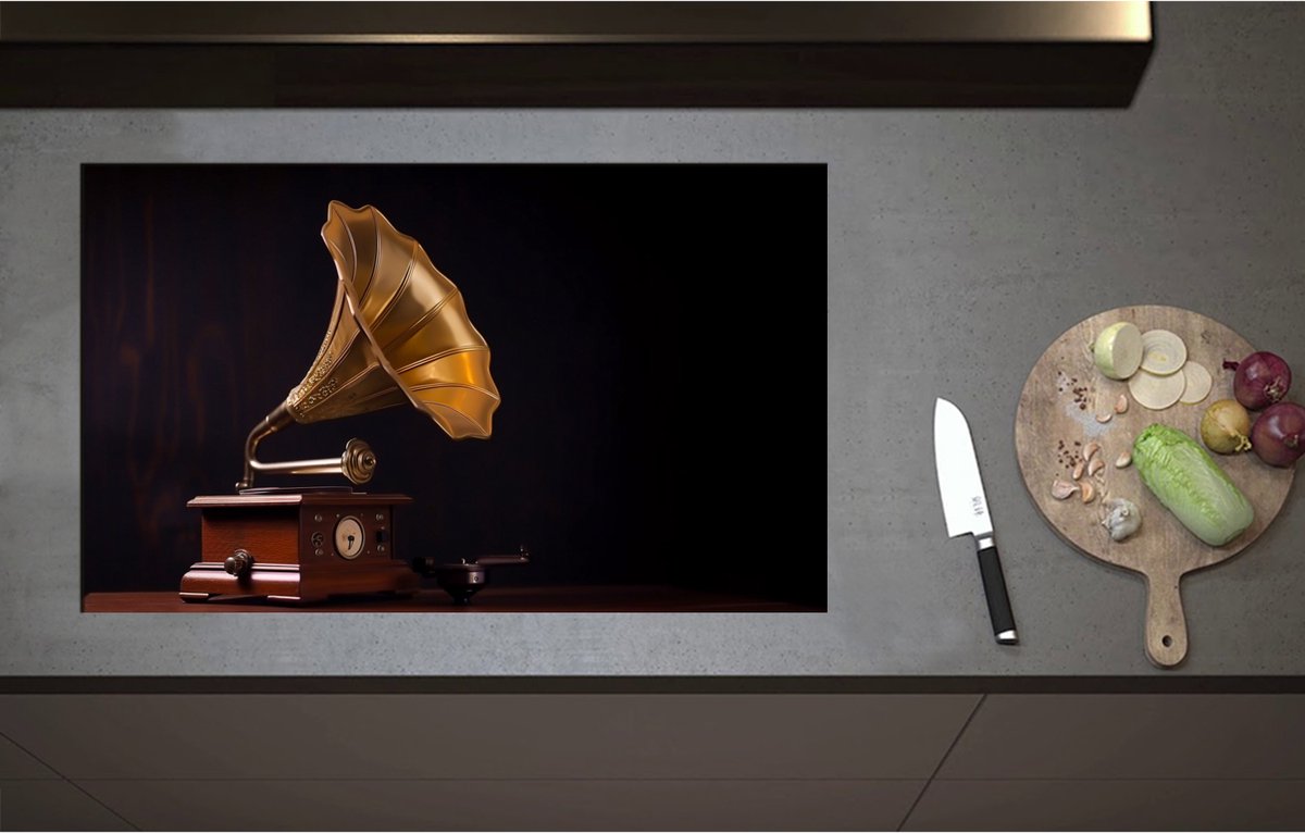 Inductieplaat Beschermer - Antieke Grammofoon - 85x52 cm - 2 mm Dik - Inductie Beschermer - Bescherming Inductiekookplaat - Kookplaat Beschermer van Zwart Vinyl