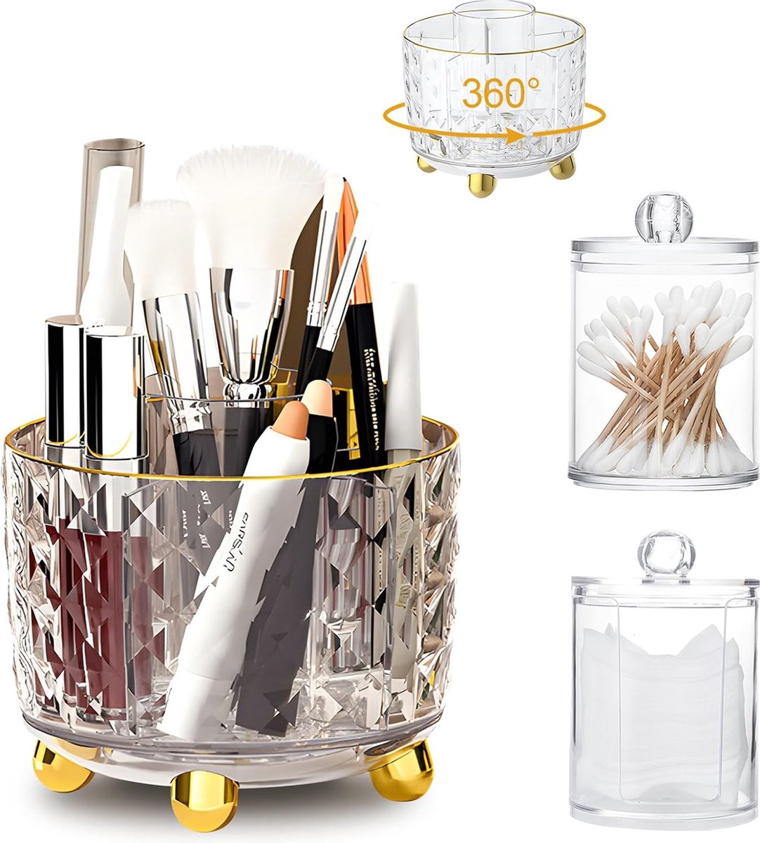 Goedkoopste 3 stuks make-uporganizer, 360 roterende make-upborstelhouder, wattenstaafjes, houder, wattenschijfdispenser, opslag, cosmetica-organizer voor cosmetica, kwasten, voor kaptafel, slaapkamer, badkamer
