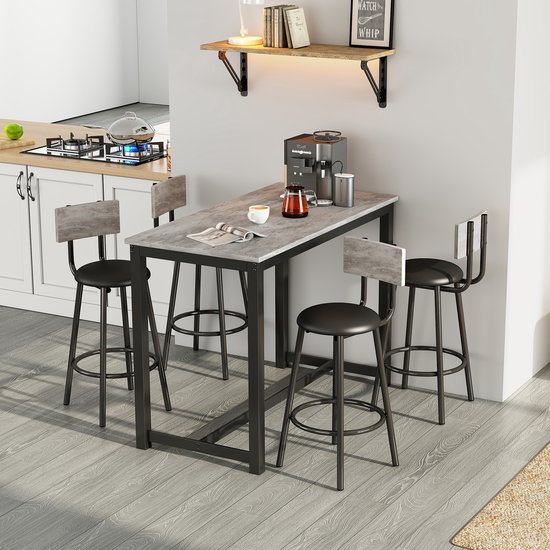Sweiko Eettafel en stoel set, bartafel en stoel set, 1 tafel en 4 stoelen, loungestoel met vier metalen poten, rechthoekige eettafel, grijs in zwart