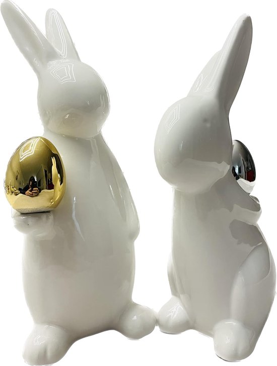 Décoration de Pâques lièvre décoratif - Lapin de Pâques lot de 2 - Lapins de Pâques en porcelaine blanche avec œuf en or/argent - Décoration de Pâques