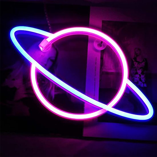 LED Neon Wandlamp "Planeet" - Op Batterijen en USB - 30x18x2cm - Blauw/Roze
