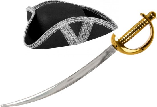 Chapeau de pirate noir avec bordure argentée et sabre de pirate doré.