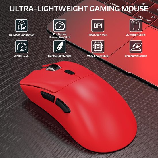 Rode ultralichte ergonomische gamingmuis op een toetsenbord, met iconen voor functies.