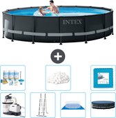 Intex Rond Ultra XTR Frame Zwembad - 488 x 122 cm - Inclusief Pomp - Ladder - Grondzeil - Afdekzeil Onderhoudspakket - Filterbollen - Vloertegels