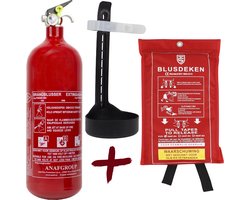 Brandblus set ABC – brandblusser 2 kg en blusdeken 100 x 100 cm – Met wandhouder en ophangoog - Ook voor auto, boot, caravan of camper – Poederblusser en branddeken