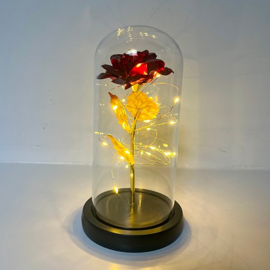 Gouden roos in glazen stolp met LED - Romantisch cadeau - Moederdag cadeau - Valentijnscadeau - Het Origineel - Cadeau voor vrouw, vriendin, haar - Huwelijk - Sfeervol licht - Zwarte Onderkant - Minder Verbruik
