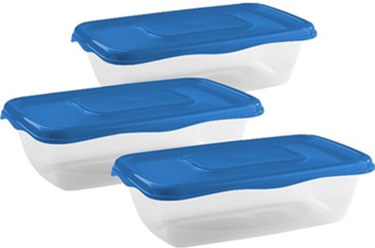 Hega hogar Vershoudbakjes set 3x stuks 0.9 liter transparant donkerblauw L20 x B12 x H8 cm Mealprep Maaltijden bewaren