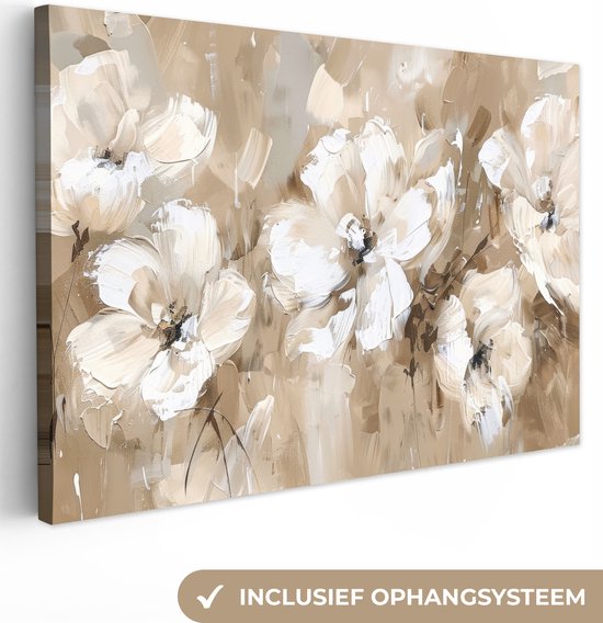 Peinture abstraite de fleurs blanches sur fond beige, avec un système de suspension.