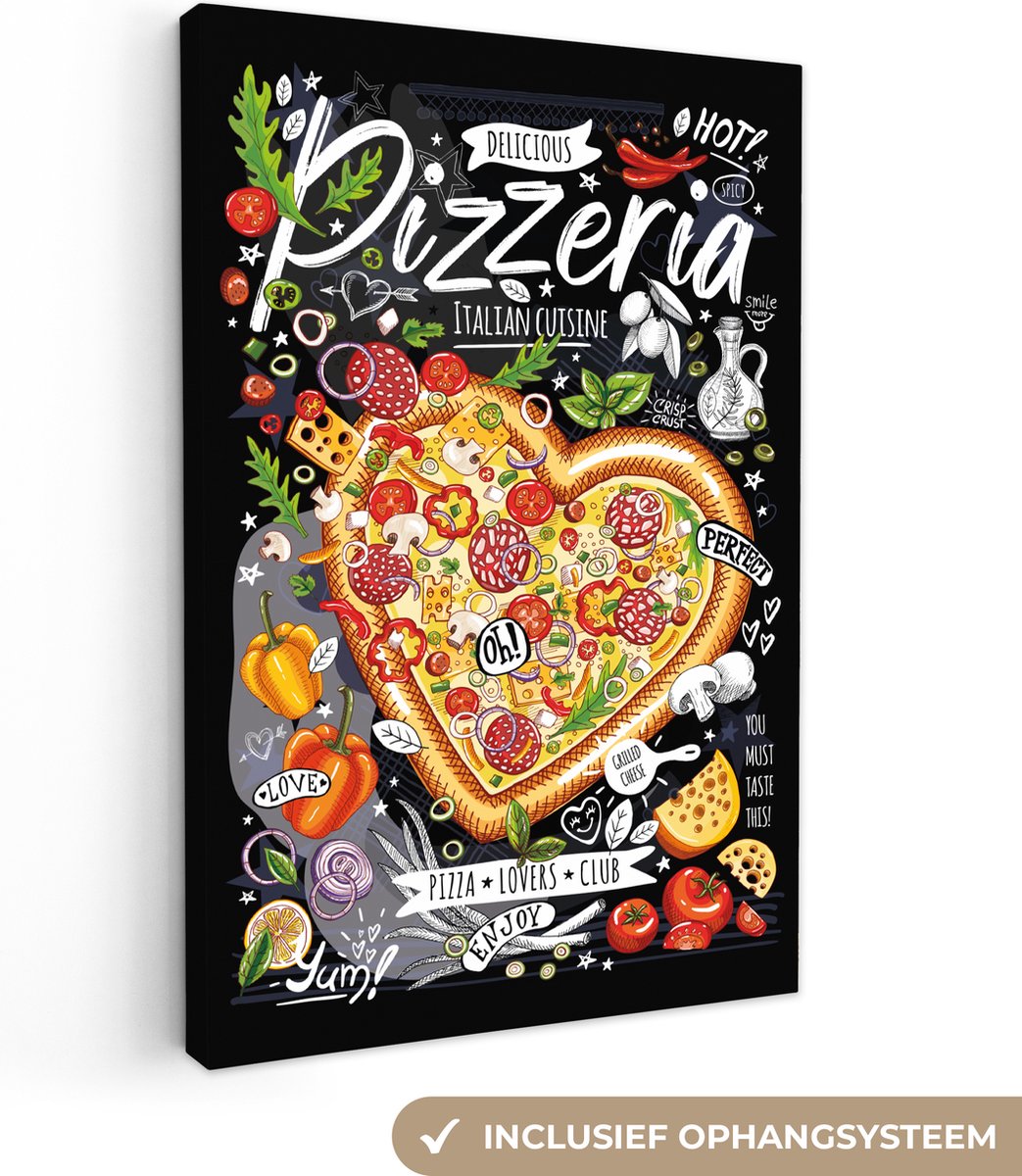 Canvas schilderij 120x180 cm - Wanddecoratie Pizzeria - Menu - Kleurrijk - Tekstbord - Illustratie - Muurdecoratie accessoires - Keuken decoratie muur - Schilderijen op canvas