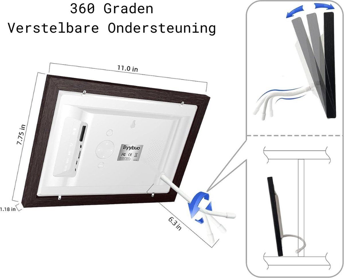 Digitaal fotolijstje - 10 Inch - WiFi Verbinding - App Gestuurd Met Frameo - 1280 x 800 - Zwart Walnoot Hout — cadeau in Wonen & Interieur - foto 4