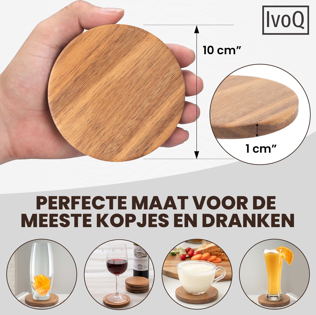 EDHAS Acaciahouten ronde onderzetters, set van 4, met ijzeren houder voor drankjes, tafelbladbescherming voor elk tafeltype, voor bar, keuken, thuisappartement (10,16 cm x 10,16 cm x 1,27 cm