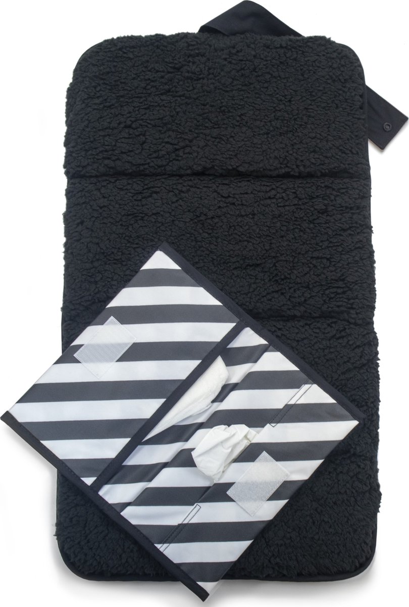 KipKep Teddy Napper Combi Verschoningset - Black Stripes met Teddy - zwart - rPET - gecoat - wasbaar - luieretui en verschoonmatje