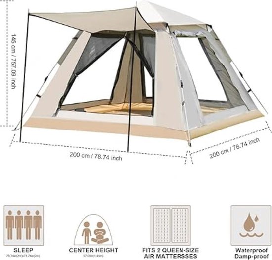 HEWOLF Pop-up tent voor 3 tot 4 personen, automatische opening, zeshoekige hydraulische dubbellaagse tent, grote waterdichte koepeltent met veranda - 100% UV-beschermde familiekampeertenten met