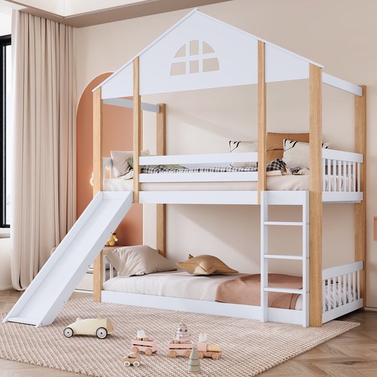 Foto: Sweiko stapelbed met karakteristieke ramen en drietraps hoekladder kinderbed met glijbaan huisbedje met hekken en valbeveiliging massief houten bedframe wit en naturel 90x200cm