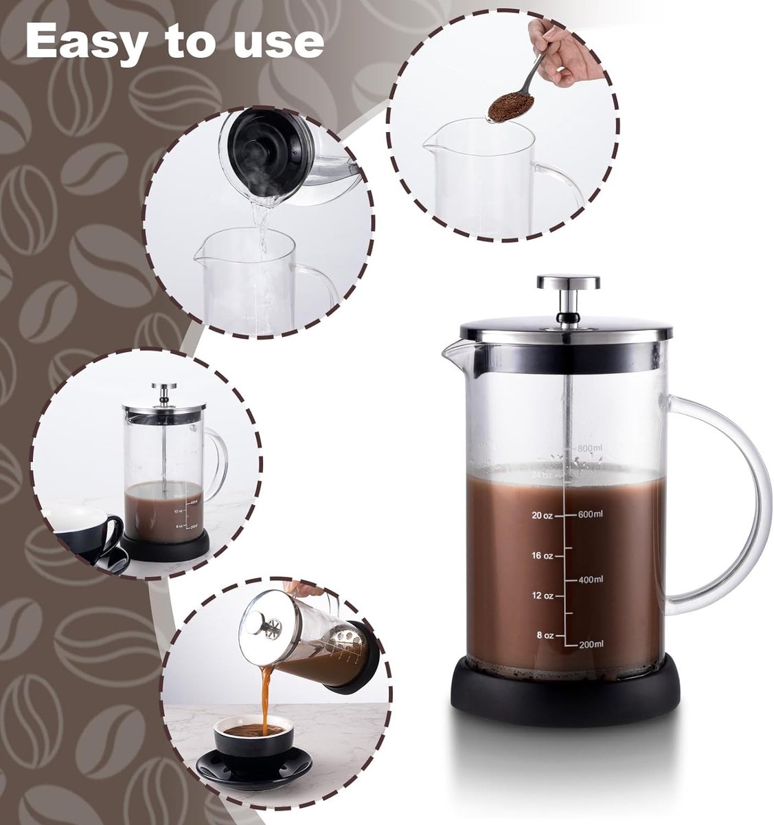 koffiezetapparaat- draagbare cafetière met drievoudige filters- hittebestendig glas met roestvrijstalen 800 Milliliter