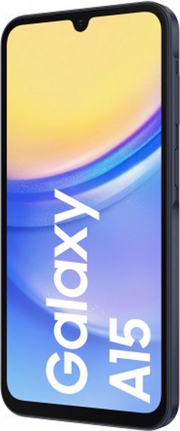 Donkerblauwe Samsung Galaxy A15 smartphone, schuin van voren gezien, met tekst op het scherm.