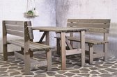 Set Pique-Nique Tyrol Avec Dossiers Table Entrée Ouverte + 2 Canapés 150cm Bois Certifié FSC® 4 Personnes Gris Wash