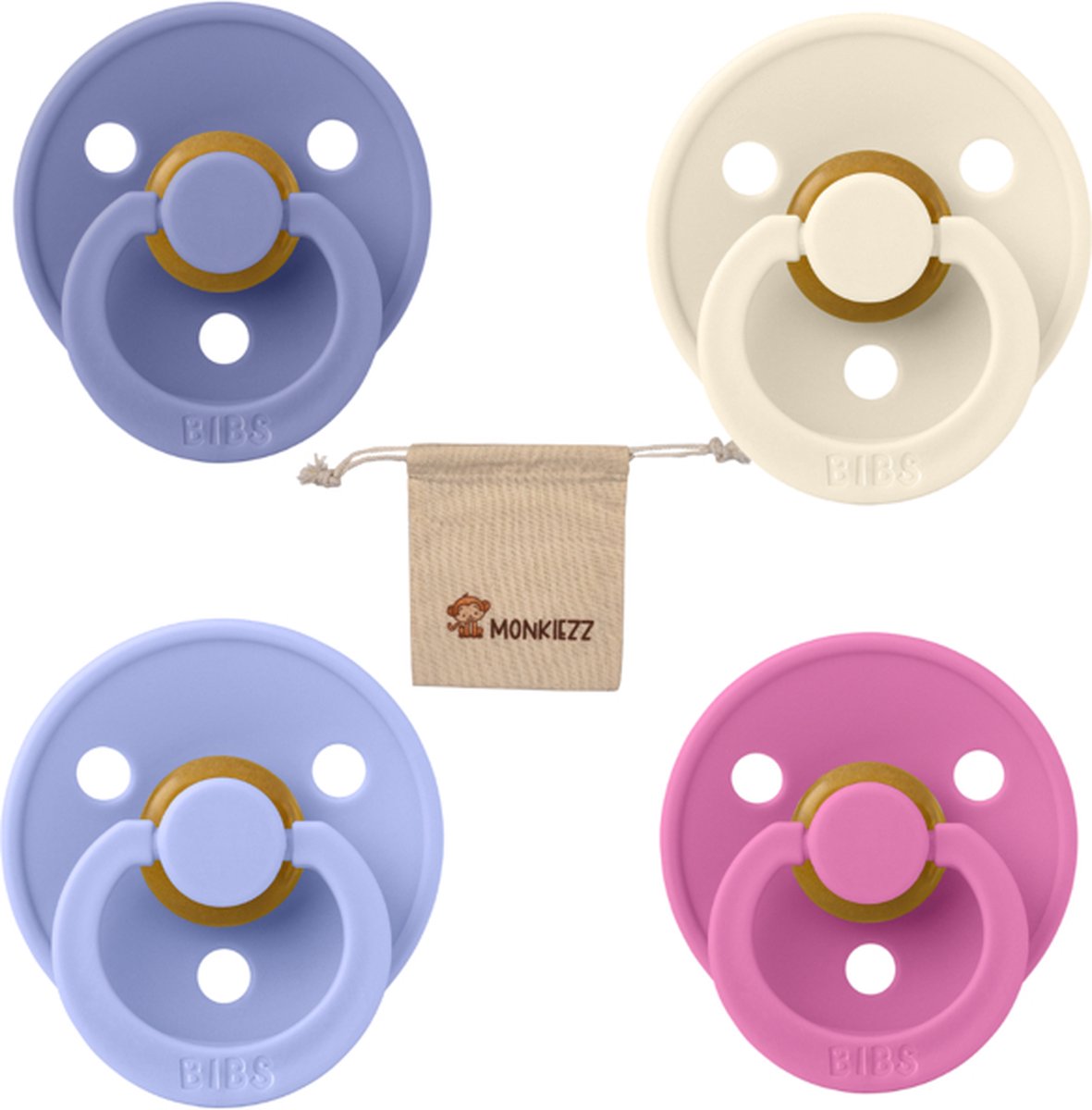 Goedkoopste Bibs fopspeen - maat 2 6-18 maanden - 4 stuks – Ivory - Bubblegum – Peri – Hush Monkiezz speenzakje