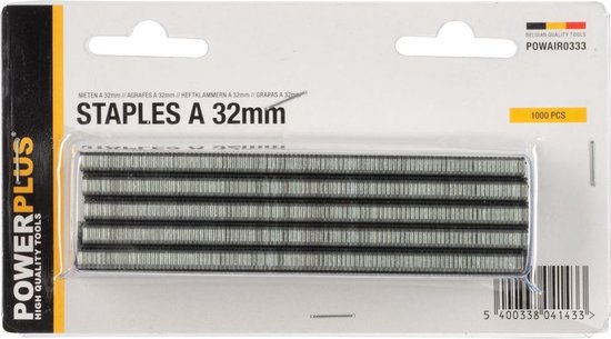 Verpakking met 1000 stuks Powerplus 32mm nieten.