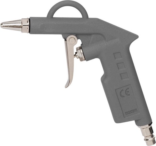 Grijs blaaspistool met zilveren trekker, metalen neus, CE-markering en "MAX 12 BAR" op de grip.