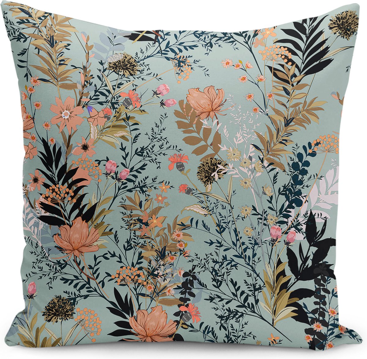 De Groen Home BLOEM Sierkussen velvet 50x50 - Bloemen op lichtblauw - Inclusief binnenkussen - Fluweel kussensloop - Aan beide zijdig bedrukt