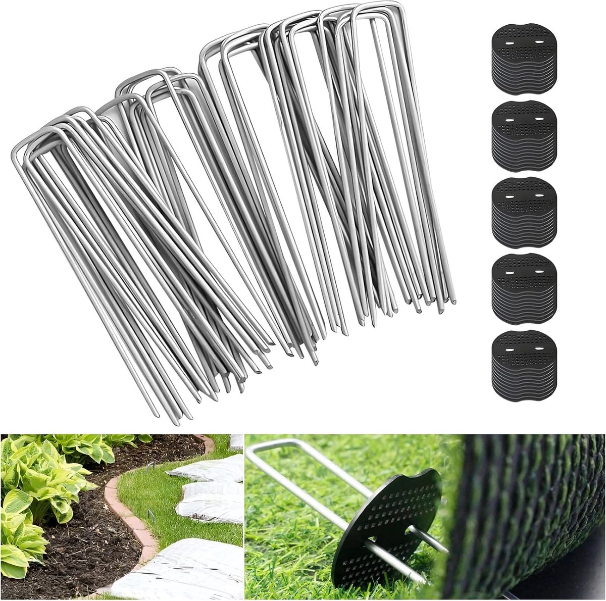 Goedkoopste Grondankers, 50 stuks, roestbestendig, voor tuinvlies, solide anker, voor kunstgras, kunstgras, 40 x 200 mm, stabiel en onzichtbaar in de grond/gazon, inclusief 50 sluitringen