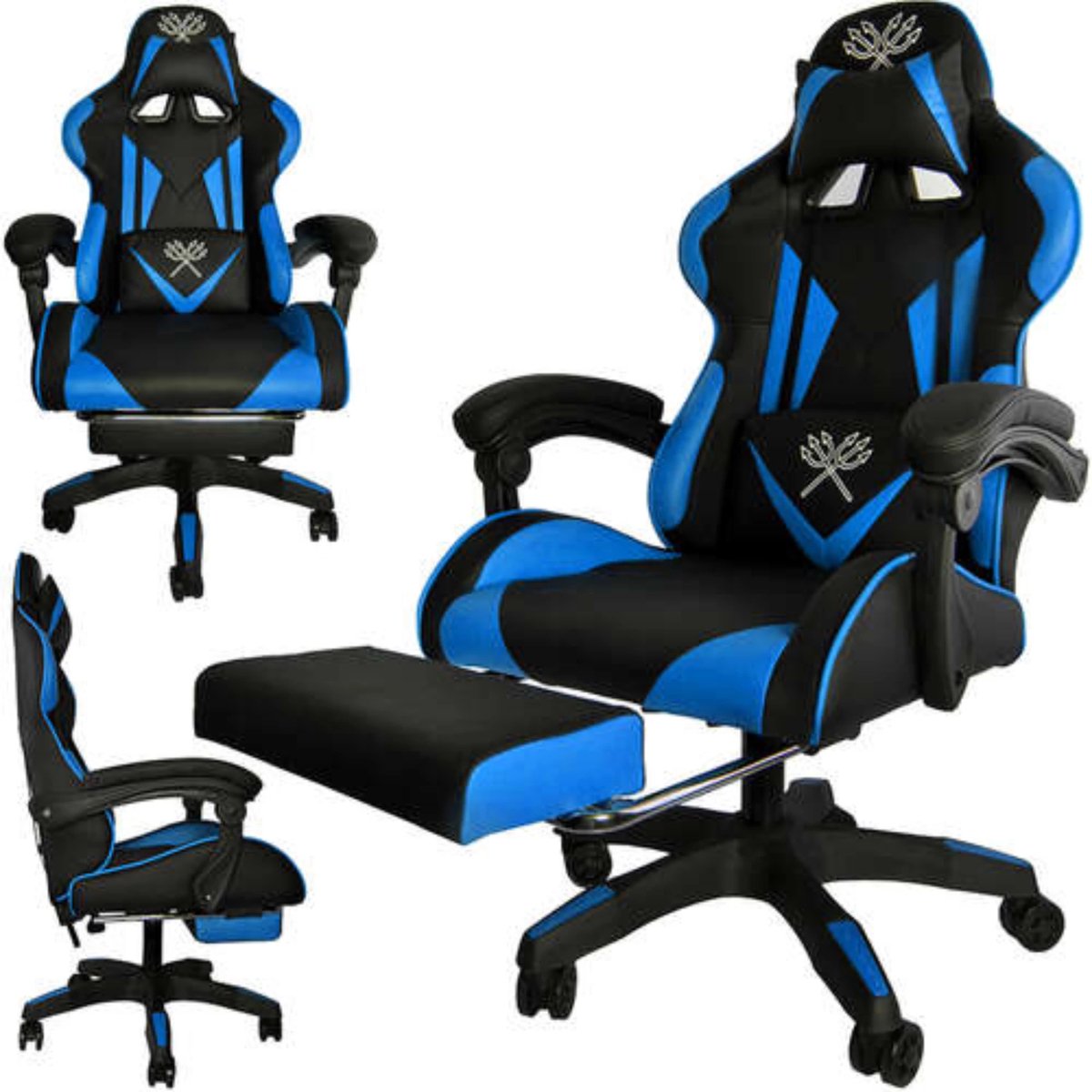 Afbeelding 2 van Deluxe Game Stoel Zwart/Blauw - Gaming Stoel - Gaming Bureaustoel - Verstelbaar Kussen  - Uitschuifbare Voetensteun