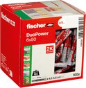 Doos fischer DuoPower 6x50mm met 100 pluggen, 6mm diameter, met maximale belastingen per muurtype.