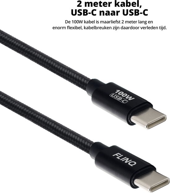FlinQ - 2x USB C naar USB C Kabel 100W - Snellader voor Smartphone, Tablet - Zowel Datakabel als Oplader - 2 Meter Lange Nylon Oplaadkabel