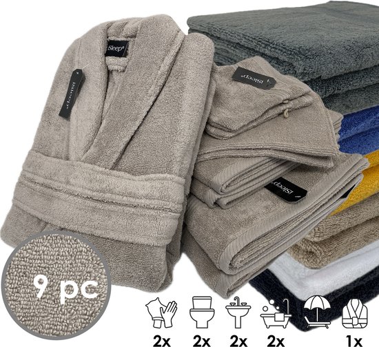 Ensemble de 9 pièces de linge de bain iSleep avec peignoir taupe et serviettes colorées.