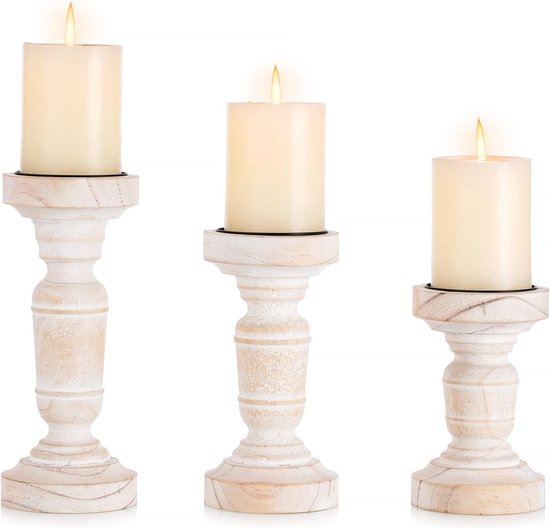 Bougeoir colonne bougies bougeoir en bois - lot de 3 décoration de table vintage décoration de style campagnard 16/20/24 cm cheminée rustique salon de Noël