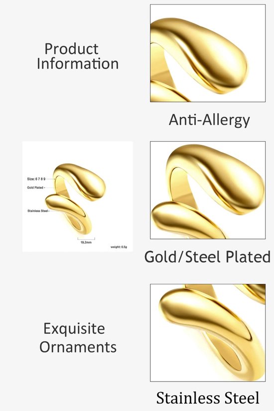 Leerella Bague élégante en or pour femme Taille 7/17,25 mm – Complément parfait à n'importe quelle tenue ! Acier inoxydable indestructible - Cadeau idéal pour la fête des mères, la Saint-Valentin et les anniversaires !