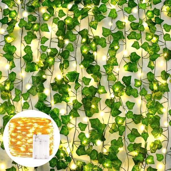 12 strengen nep klimop wijnstokken met 100 LED's lichtslingers, 6,5 voet kunstmatige klimop slinger groene bladeren UV-bestendige hangende kunstplanten voor bruiloft tafel tuin achtergrond boog