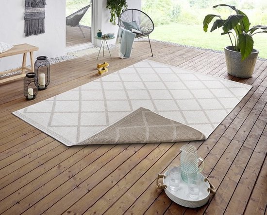 Flycarpets Omkeerbaar Buitenkleed / Vloerkleed - Corsica - Bruin / Creme - Laagpolig Tuintapijt / Buitentapijt / Tuinkleed - 120x170 cm