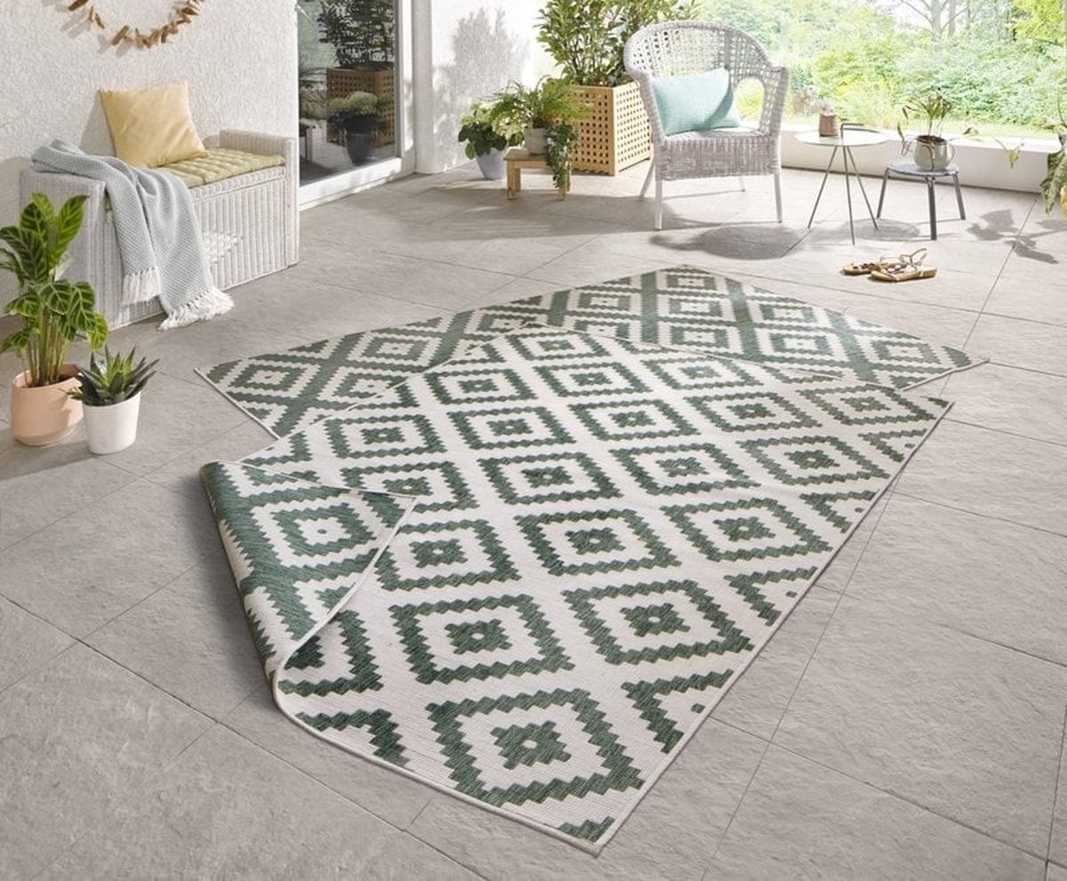 Flycarpets Omkeerbaar Vloerkleed - Binnen & Buitenkleed Malta- Groen / Creme - 80x350 cm
