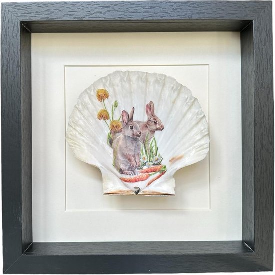 Mijn Pronkstuk - Gouden sint-jacobsschelp met konijnen - ingelijst - 25x25 cm - wit achtergrond - Fotolijst - Goud