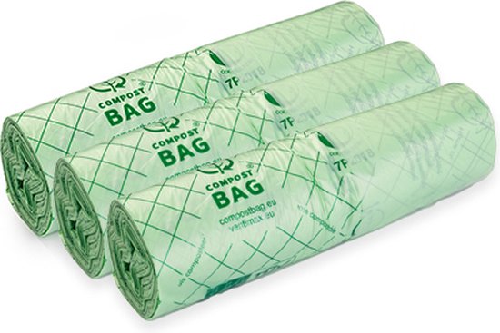 Drie rollen Compostbag afvalzakken, groen met ruitpatroon.