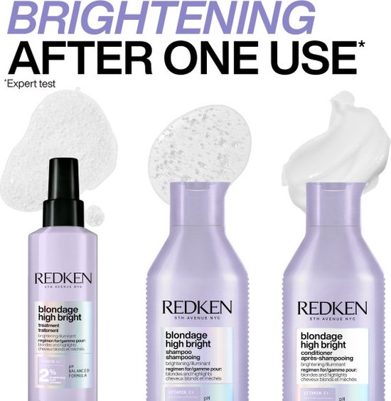 Spray pré-traitement, shampooing et après-shampooing Redken Blondage High Bright. Textures de produit affichées.
