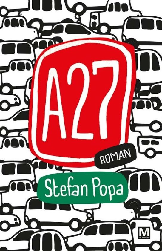 Boek "A27" met rode cirkel en witte tekst, omringd door zwart-wit getekende auto's.