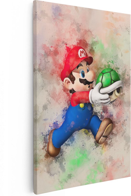 Artaza Canvas Schilderij Mario met een Groene Schelp - 60x90 - Foto Op Canvas - Wanddecoratie