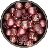 37x stuks kunststof/plastic kerstballen oudroze (velvet pink) 6 cm mix - Onbreekbaar - Kerstboomversiering/kerstversiering
