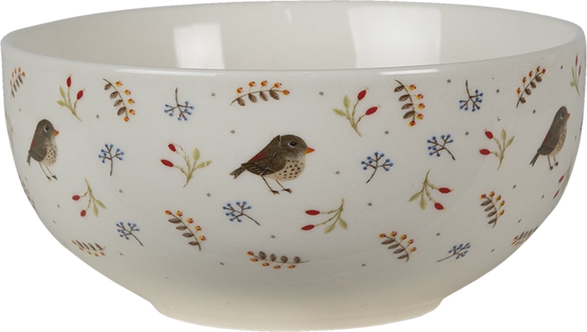 Clayre & Eef Soepkom Ø 14 cm Beige Bruin Keramiek Rond Vogels Serveerkom