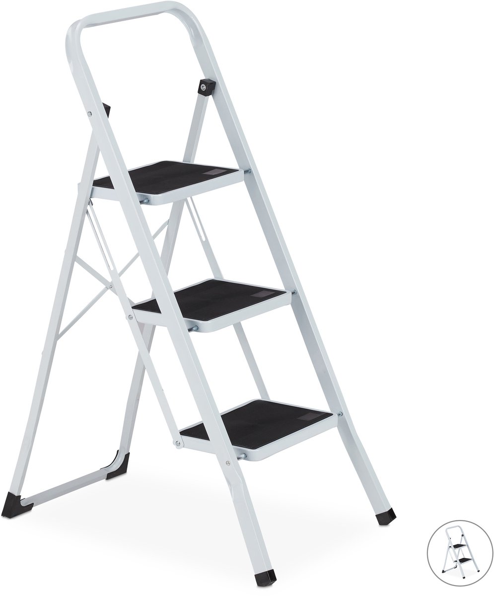 Relaxdays huishoudtrap - keukentrap - inklapbaar - ladder - metaal - trapladder - 3 tredes
