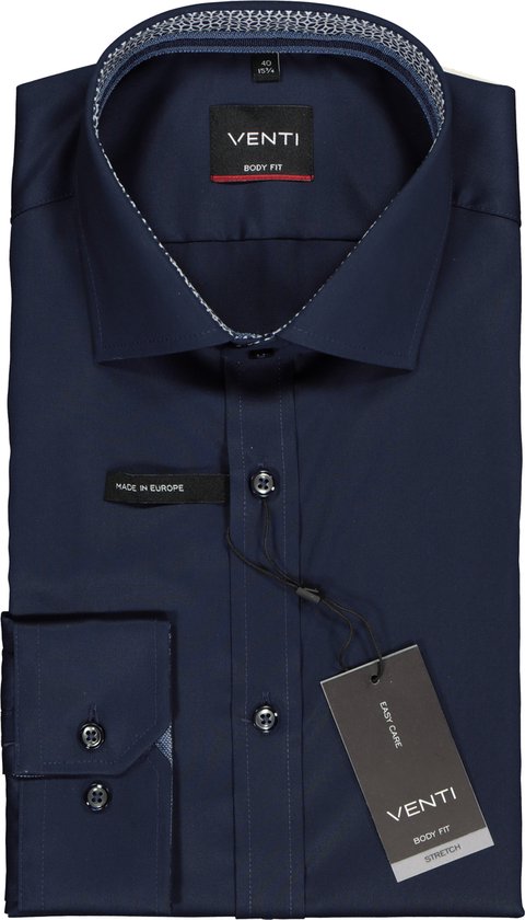 VENTI body fit overhemd - donkerblauw twill (contrast) - Strijkvriendelijk - Boordmaat:
