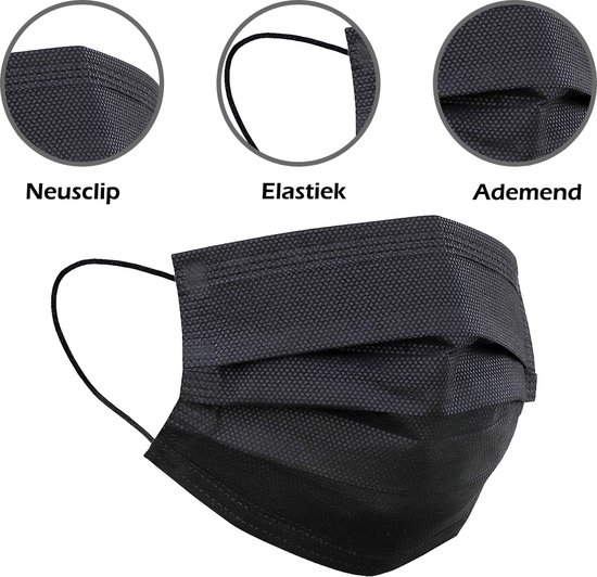 Masque buccal Zwart jetable - Masque buccal jetable non Medisch Masque buccal Zwart - Masque buccal Zwart jetable universel - 750 pièces