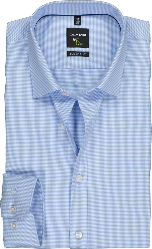 OLYMP No. Six super slim fit overhemd - lichtblauw geruit - Strijkvriendelijk - Boordmaat: 37