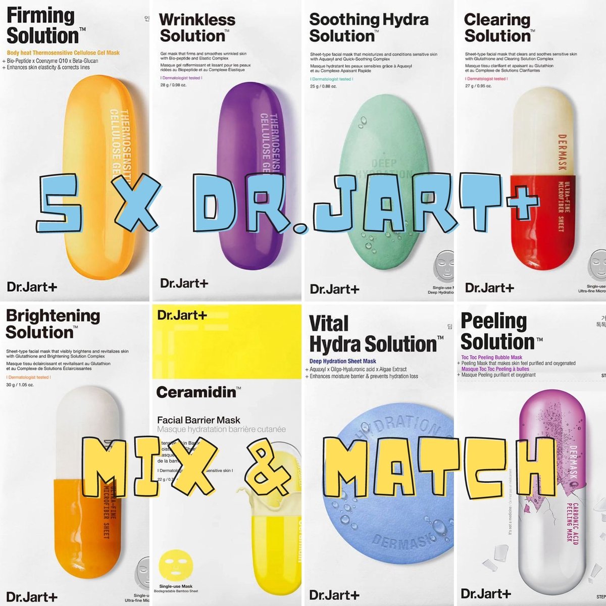 Dr. Jart+ Dr.Jart+ Surprise Me 5 x Korean Face Sheet Mask Box Samenstelling van 5 Populaire Gezichtsmaskers Versteviging Huid Hydratatie Glowy Glass Skin Radiant & Firming Solution Mask Collection Skincare Routine Onrustige Huid Exfoliating