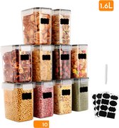 Keuken Vershoudbakjes Set 10-Delig - Tupperware - Vershouddoos 1.6 Liter - Bewaardozen - Voedselcontainers Met Labels - Zwarte Deksel