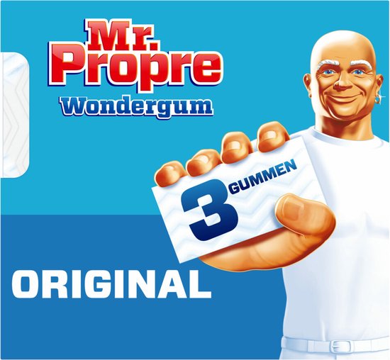 Boîte Mr. Propre Gomme Magique Original. Mr. Propre tient une carte "3 GOMMEN".