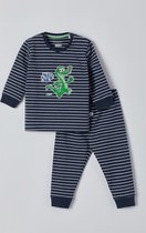 Woody - Unisex Pyjama - marine blauw-wit gestreept - Krokodil - 9m
